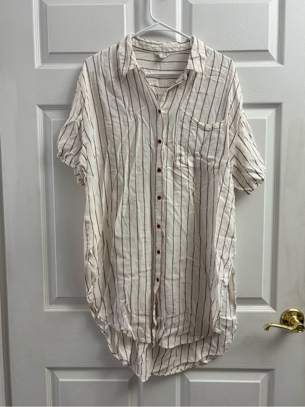 Cato Women’s Cream Short Sleeve Button-Down Shirt with Burgundy Stripes
